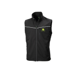 Front view of a black John Deere sleeveless vest featuring a full zip, stand-up collar, white stripe, and chest pocket.