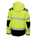 Back view of a high-visibility yellow and black work jacket with reflective stripes and a hood.