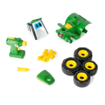Various green and yellow John Deere toy vehicle parts including a drill, main body, four wheels, and screws, displayed on a white background.