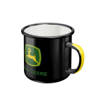 Angled view of a black enamel mug with white interior, featuring the John Deere logo and a black handle with a yellow stripe.