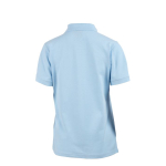 Back view of a plain light blue short-sleeved polo shirt featuring a classic collar.