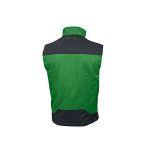 Vista trasera de un chaleco de trabajo de color verde y negro, con cuello alto y un pequeño lazo en el cuello con detalles amarillos.