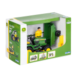 Vista frontal lateral de un modelo a escala de un cortacésped John Deere X949 verde con asiento amarillo y una figura del conductor, presentado en su caja de venta al público.