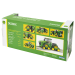 Vista en ángulo del embalaje de un modelo a escala de un tractor John Deere 9620RX verde, donde se puede ver su sistema de orugas.