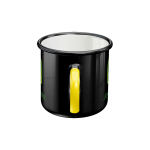 Angled view of a black enamel John Deere mug featuring a bright yellow handle and a clean white interior.