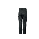 Back view of dark grey work pants featuring flap back pockets, side cargo pockets, and visible knee reinforcement.