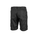 Vista trasera de un pantalón corto de trabajo negro con múltiples bolsillos, incluido uno tipo cargo, costuras claras y detalles claros en las trabillas.