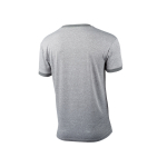 Vista trasera de una camiseta de manga corta de color gris jaspeado con el cuello redondo y borde de manga de canalé gris más oscuro.