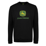 Vista frontal de una sudadera de John Deere negra con el emblemático logotipo en verde y amarillo y el texto "JOHN DEERE".
