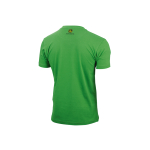 Vista trasera de una camiseta verde de John Deere con el logotipo amarillo de John Deere en la parte superior de la espalda.