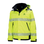 Front view of a high-visibility yellow John Deere work jacket with reflective stripes, black accents, and a hood.
