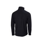 Back view of a black fleece jacket with a stand-up collar, visible seams, and long sleeves.
