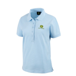 Front view of a light blue women's John Deere polo shirt featuring a five-button placket and the green logo.