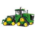Green John Deere 9RX series tracked tractor model with yellow track wheels, viewed from the front-right side.