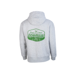 Back view of a grey hooded sweatshirt featuring a green John Deere 'Quality Parts & Service' logo with a deer and tractor graphic.