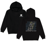 Black John Deere hoodie shown from the front with a small logo and from the back with large camouflage text and slogan.
