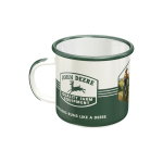 Angled view of a white enamel John Deere mug with a dark green rim, handle trim, and lower half, featuring the classic logo and slogan.