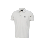 Front and back view of a light gray John Deere polo shirt with a striped collar, striped cuffs, and a three-button placket.