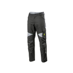 Vista frontal de unos pantalones de trabajo de John Deere de color gris oscuro, con paneles en las rodillas de color gris claro, un bolsillo cargo y bandas reflectantes.
