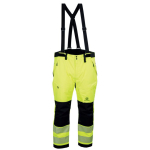 Front view of John Deere high-visibility work pants in neon yellow and black with suspenders and reflective stripes.
